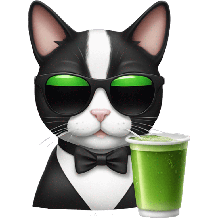 Tuxedo cat with sunglasses drinking matcha emoji