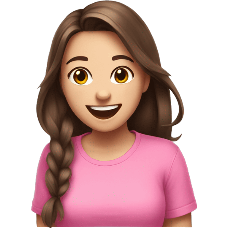 streamer girl with brunette hair laughing that is wearing a pink tshirt with a butterfly i emoji