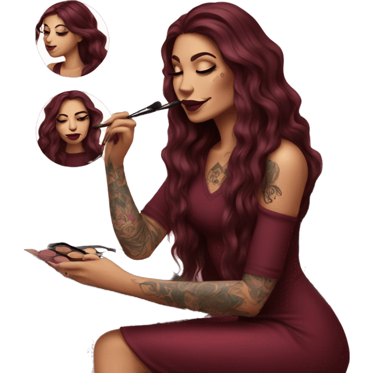 Beautiful tattooed burgundy long haired woman doing her makeup emoji