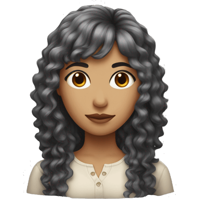 woman with long black curly hair and bangs and dark brown eyes emoji