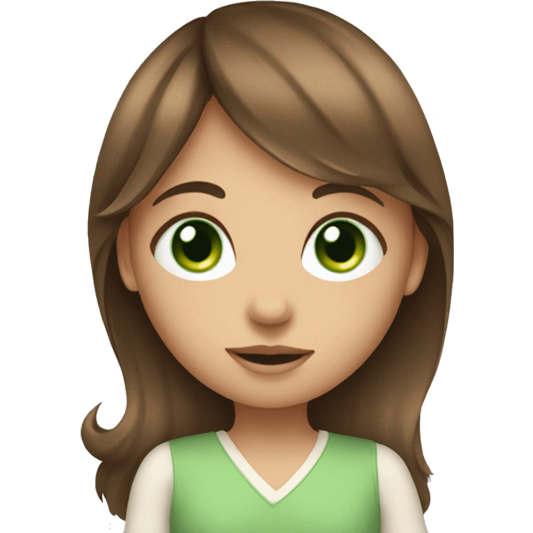 girl with long brown hair with bangs and green eyes holding baby emoji