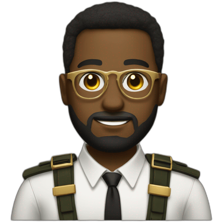 black soldier with beard, part in hair, white collared shirt, bow tie, gold glasses, bulletproof vest  emoji