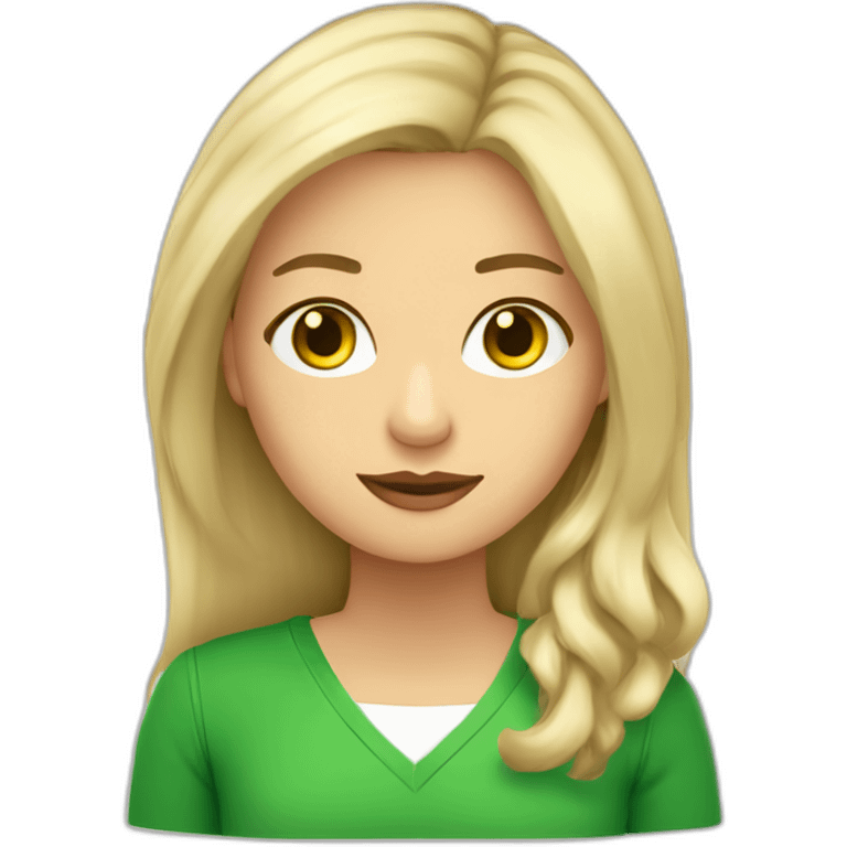 mujer rubia-pelo largo ondulado-ojos verdes-con cuaderno con bandera inglesa emoji