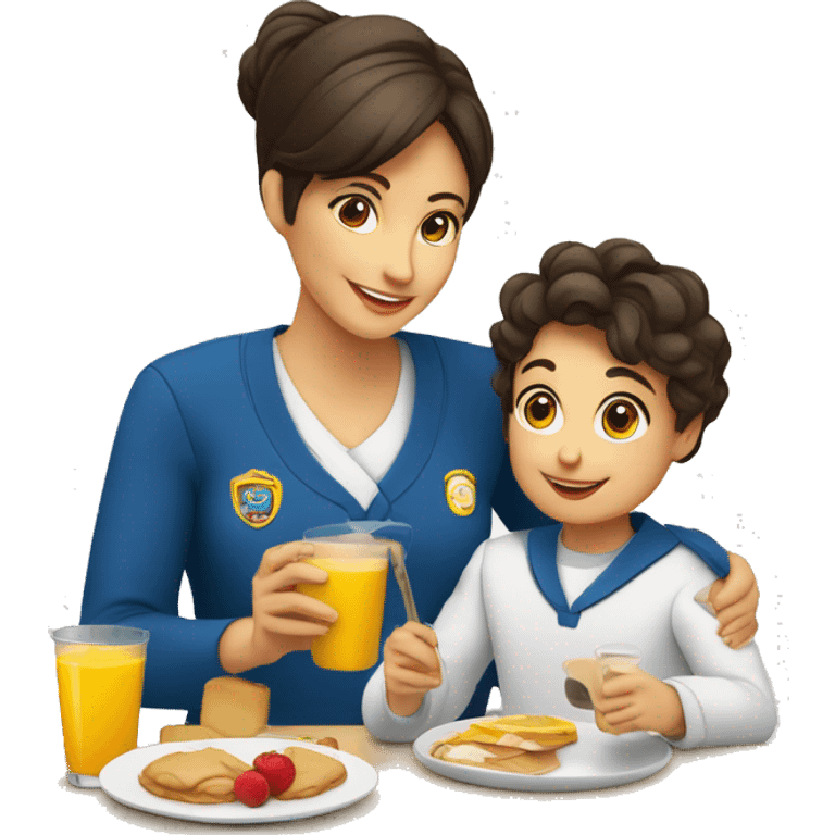 mama e hijo desayunando con uniforme escolar emoji