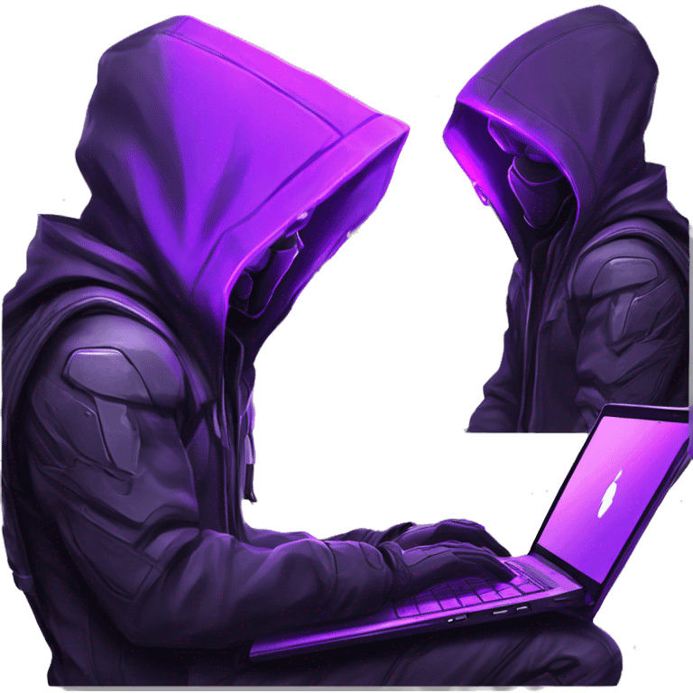 Side view developer behind his laptop with this style : crysis Cyberpunk Valorant neon glowing bright purple character purple violet black hooded assassin themed character emoji