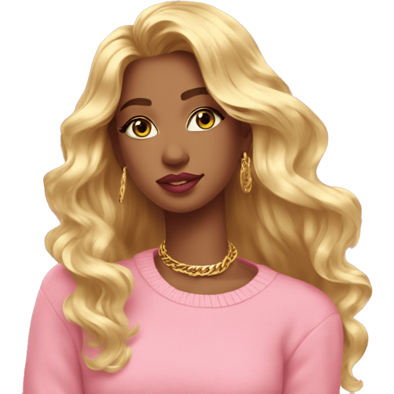 girl pink sweater pink lipstick green eyes gold earrings pink nails golden wavy long hair full body emoji