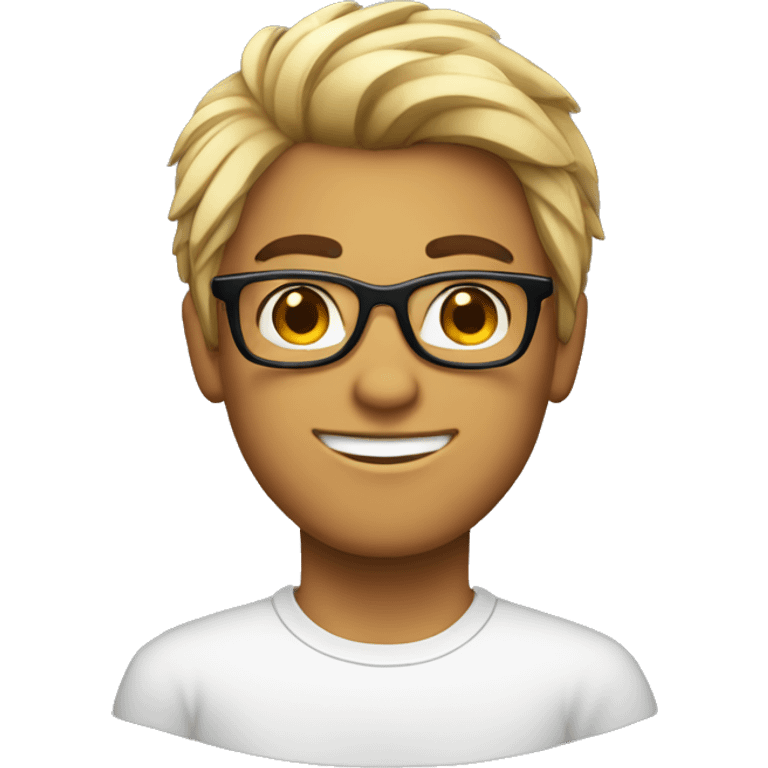 Um homem adolescente branco, cabelo preto, óculos de nerd emoji