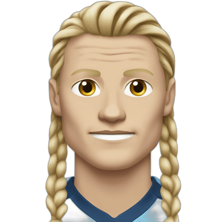 Realistic Erling Haaland has long hair, catogan. He is wearing Manchester City football shirt emoji