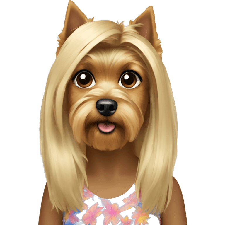 Yorkshire Terrier with a blonde girl on the beach emoji