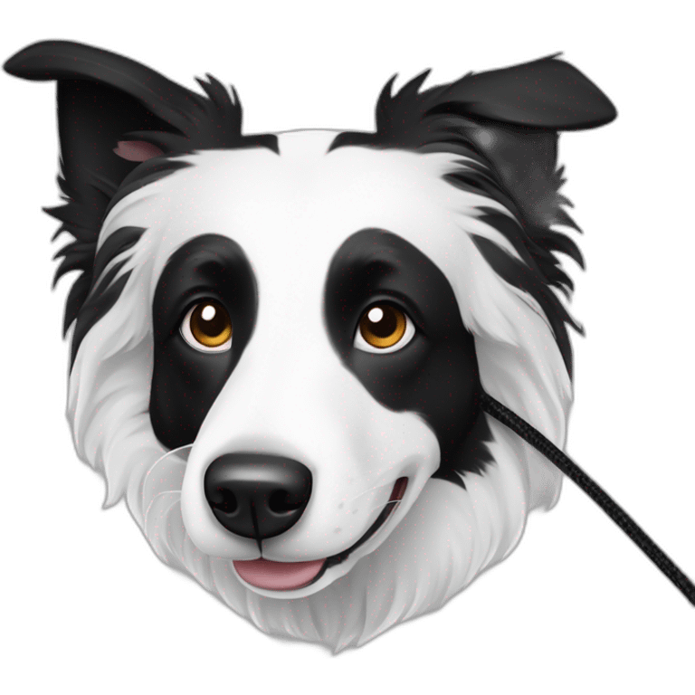 A black and white border collie with an skewed to the left white spot on his head chewing cord emoji