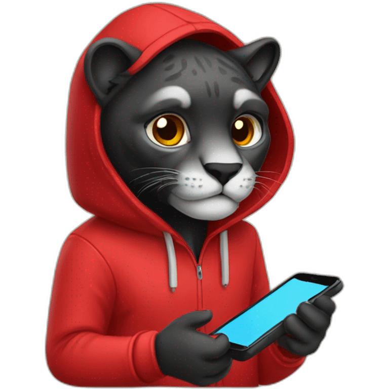 panther in a red hoodie using phone emoji