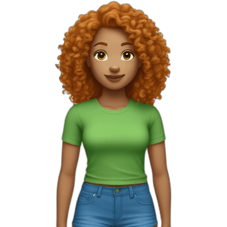 Curly Ginger woman, green crop top, blue shorts, light skin emoji