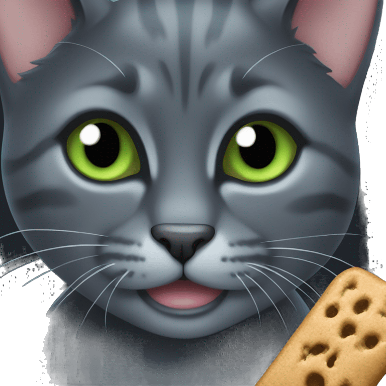 Dark grey cat with blue, green eyes, with a cat treat  emoji