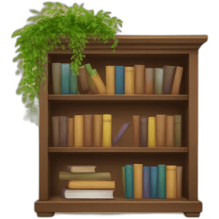 Brown Bookshelves with books and plants emoji