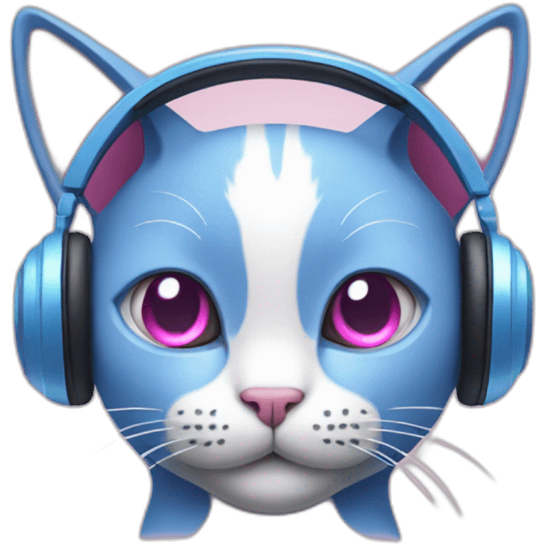 Blue cat with white headphones and pink eyes emoji