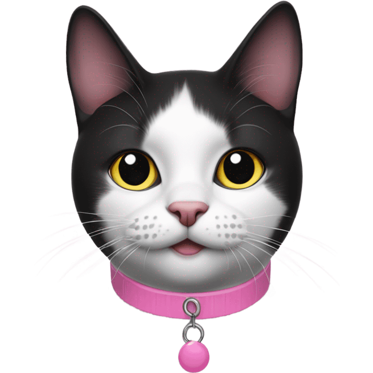 Black and white cat with a black spot on nose and pink collar emoji