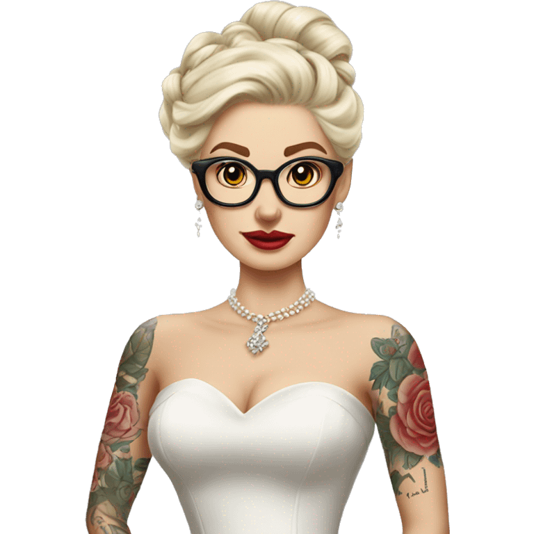 White Blonde hair up bride with tattoos glasses vintage dress emoji