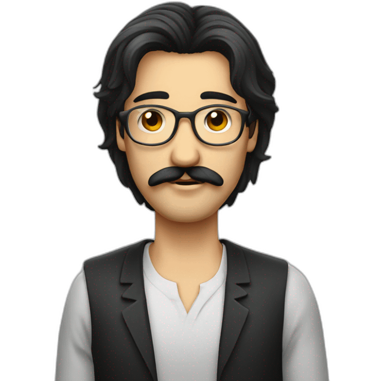 very long dark straight hair men with mustache and round glass emoji