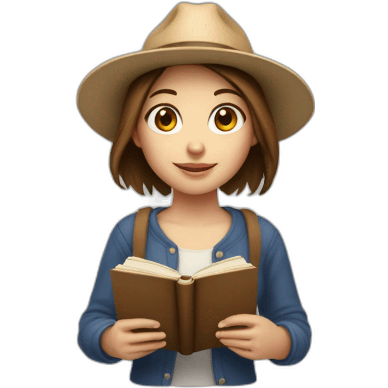 white skin, Girl with a hat, brown hair straight to the shoulders, holding a book emoji