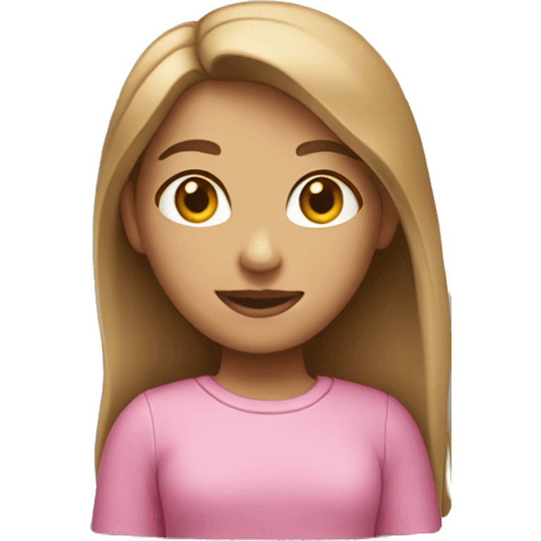 A girl with light brown hair and a pink shirt standing behind a macbook emoji