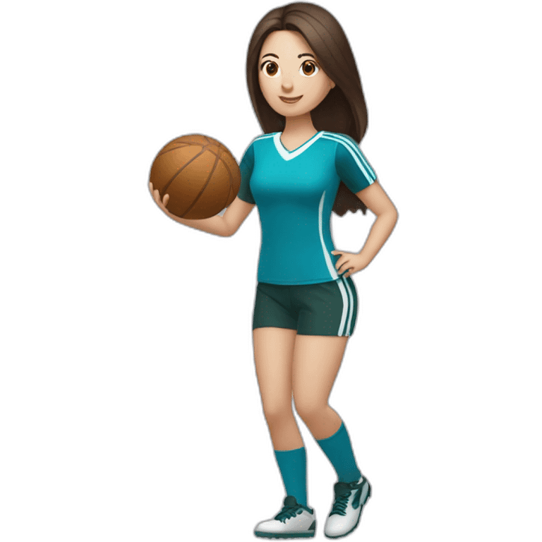 White skin brunette female playing football with very small ball of basket emoji