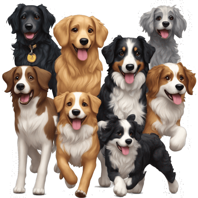 Pack of dogs running in a line include a doodle, dalmation, Australian shepherd, black poodle, gasp emoji