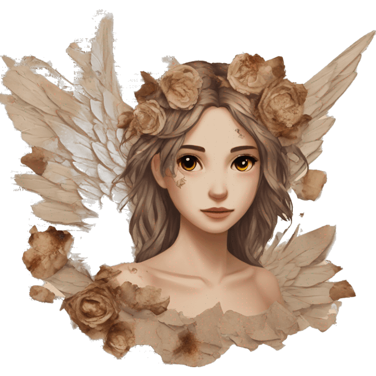 Library book bookworm academia aesthetic beige angel broken angel fallen angel tattoos with broken wing damaged wing torn wing, made of newspaper cuttings and dried flowers brown flowers emoji