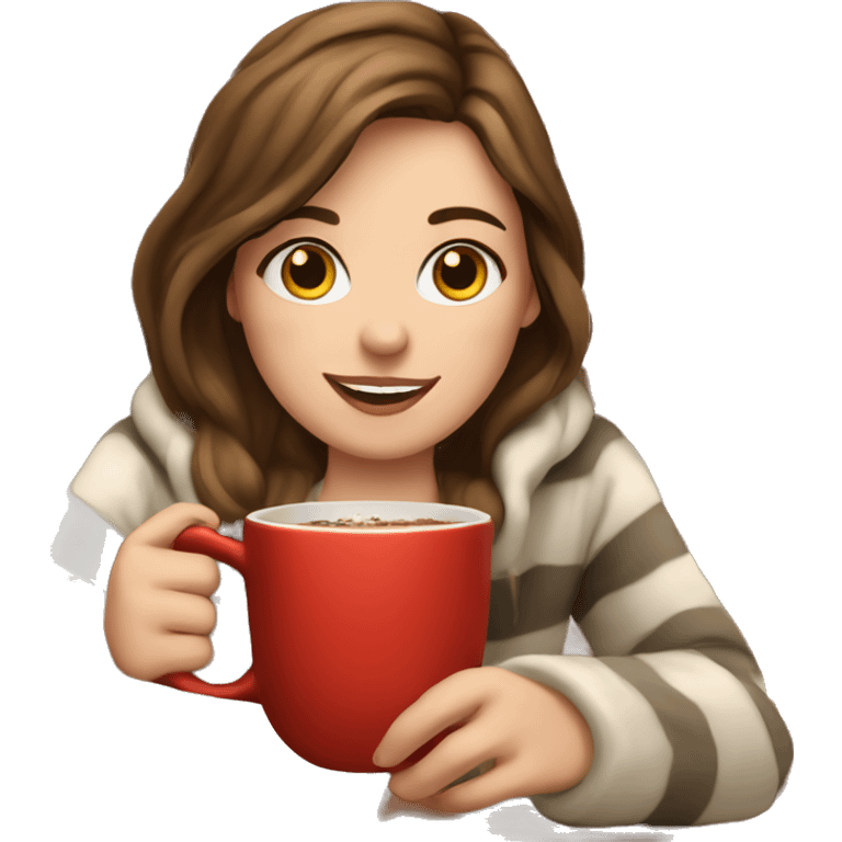 a white girl with brown hair sitting by the fireplace with hot chocolate  emoji