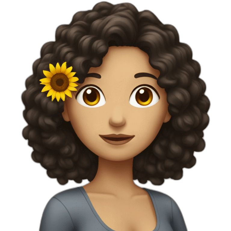 White woman with dark curly hair holding a sunflower emoji