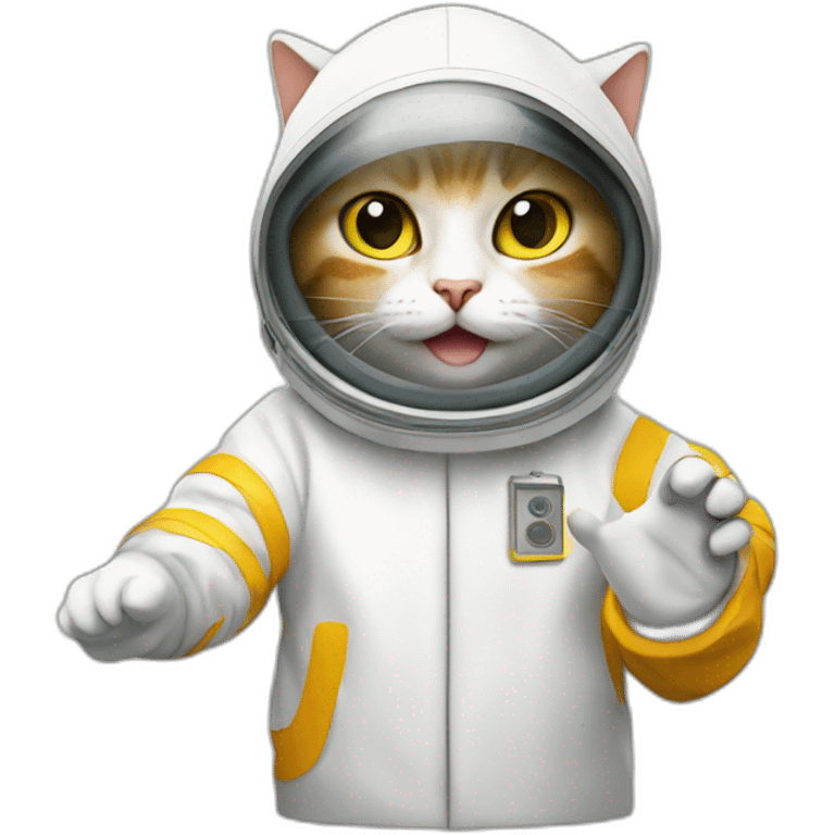 cat in a hazmat suit waving she emoji