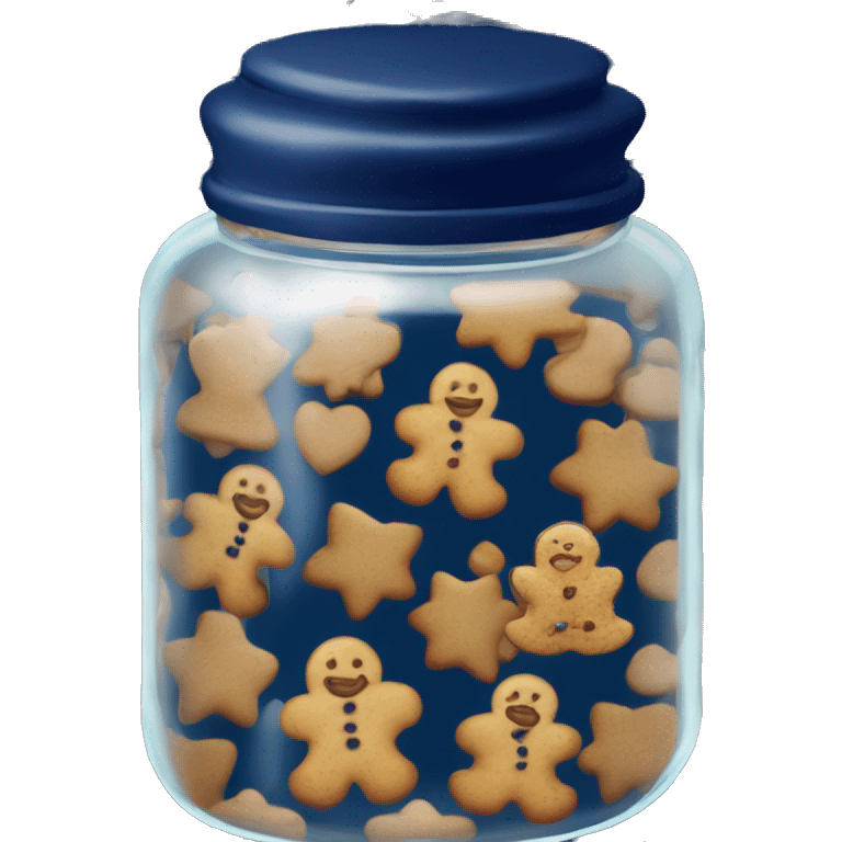 Single Realistic glass cookie jar with navy blue lid and heart shaped gingerbread cookies inside of it. emoji