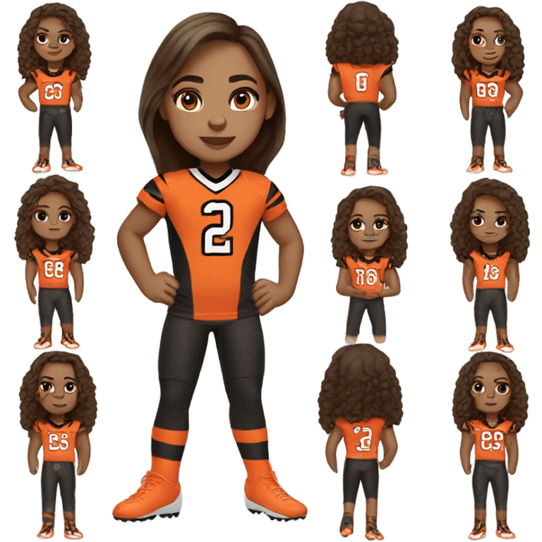 Girl with long brown hair, light skin, wearing orange and black Bengals football jersey emoji