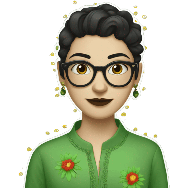 White girl in a green kurta with flower design, glasses, alot of piercing, gay, red lips, nose ring, full body, short straight black edgar hair, emoji