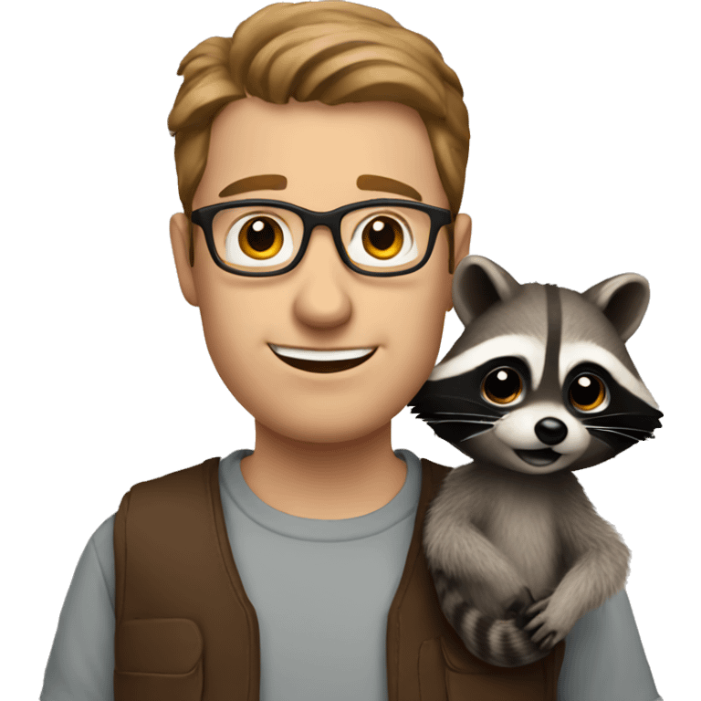 White Man with brown hair and with glasses holding raccoon emoji