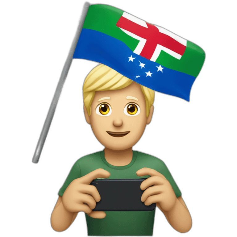 A 50 years old man, with blond hairs, holding an iphone in one,  and a portugueese flag in the other hand  emoji