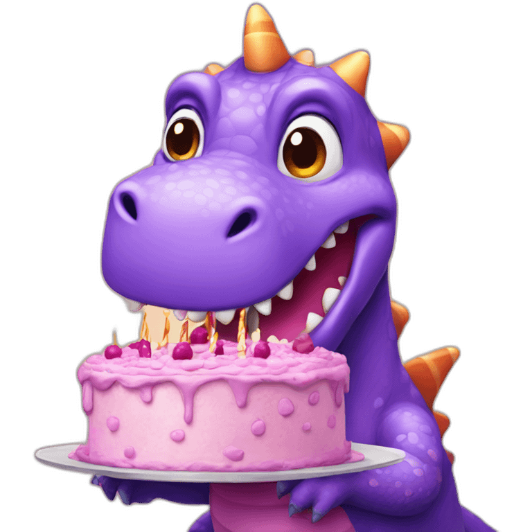 Purple dinosaur having a birthday cake emoji