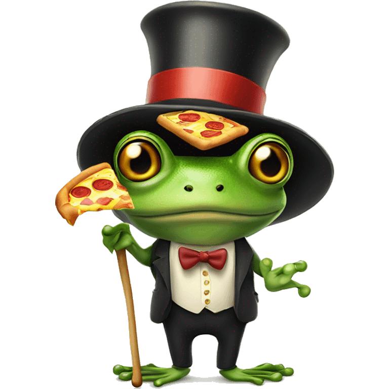 A frog wearing a top hat holding a cane eating pizza upside down emoji