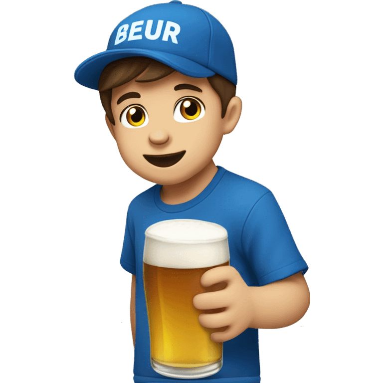 A fourth year old man with brown hair on his birthday with a blue suburu t shirt having fun drinking a beer emoji