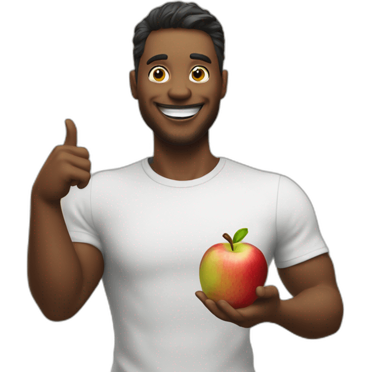 fruit real man smiling at the camera with an apple in his hand and pointing behind him emoji