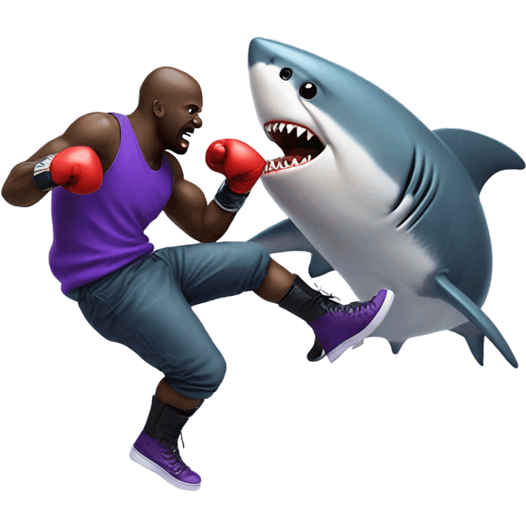 purple shaq punching a realistic shark with boots with boxing gloves emoji