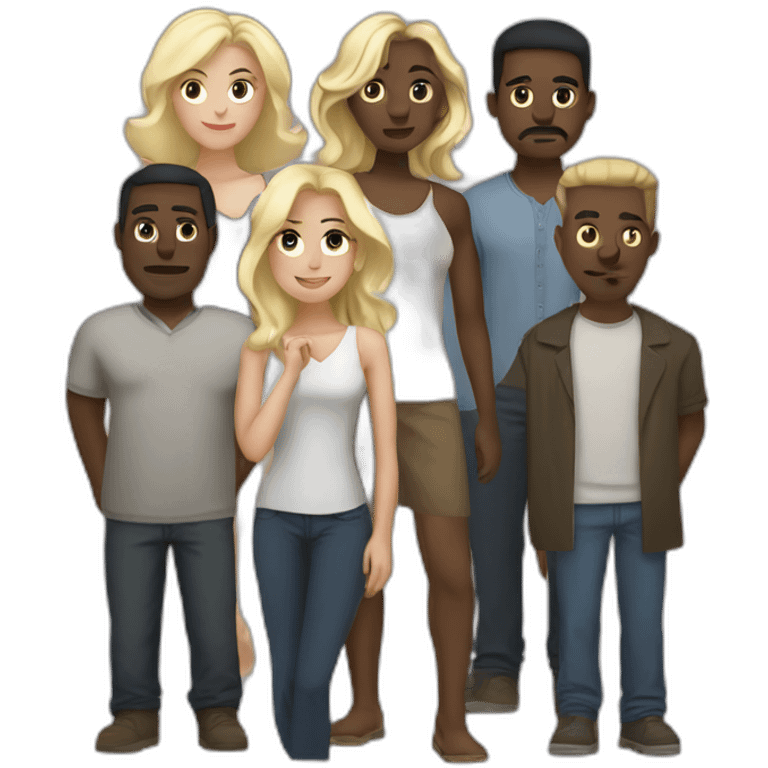 six dark-skinned men stand in a row behind a pale blonde woman emoji