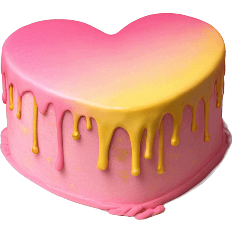 Realistic pink and yellow heart shaped layered cake with metallic gold icing dripping down the cake. emoji