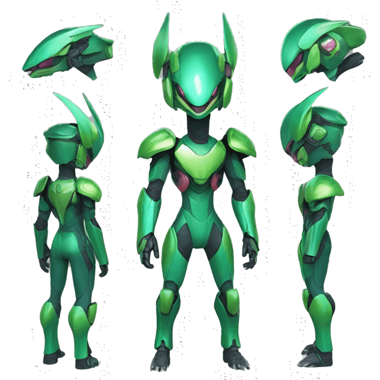 a shiny green Genesect-Raptor-Fakémon—hybrid with a futuristic visor-helmet full body emoji