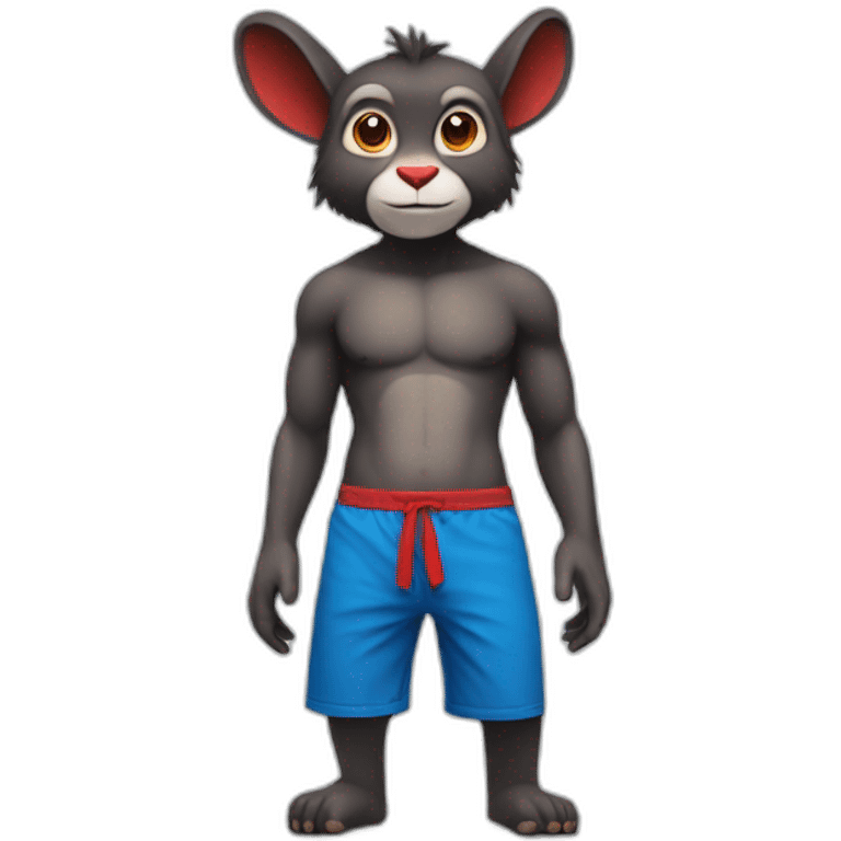 blue rabbit monkey with no shirt but red shorts and with a monkey tail emoji