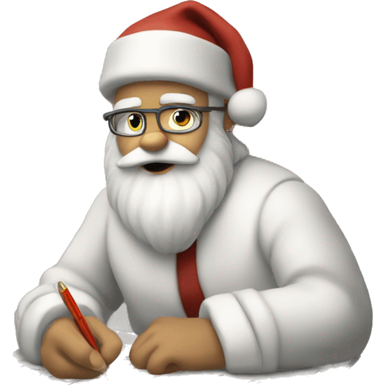 White Santa Claus is sitting on a desk, writing something down on a sheet of paper, solving complicated math puzzles emoji