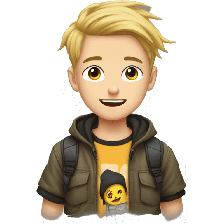 um menino com cabelos medios de anime com um moletom thrasher e um short cargo emoji