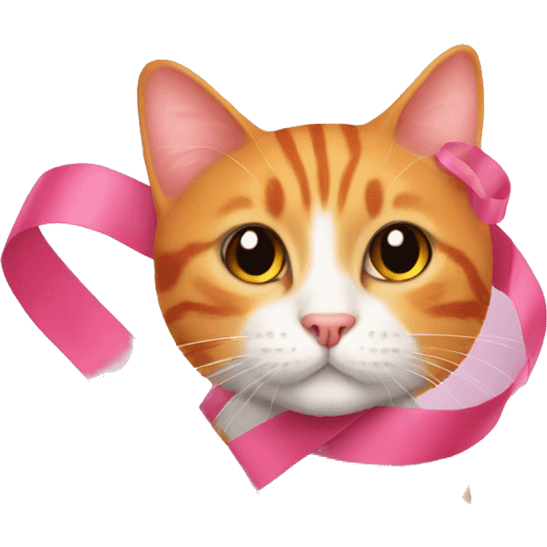 Pink ribbon with orange cat emoji