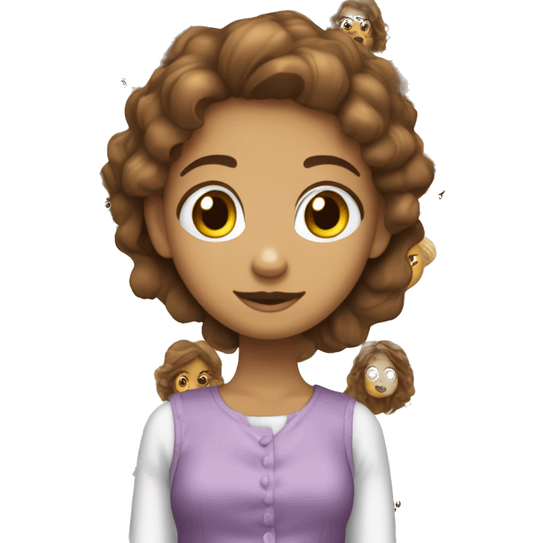 menina de cabelo castanho claro comprido, olhos castanhos, pele clara, blusa lilás, cachorro pequeno branco com orelhas marrom claro. emoji