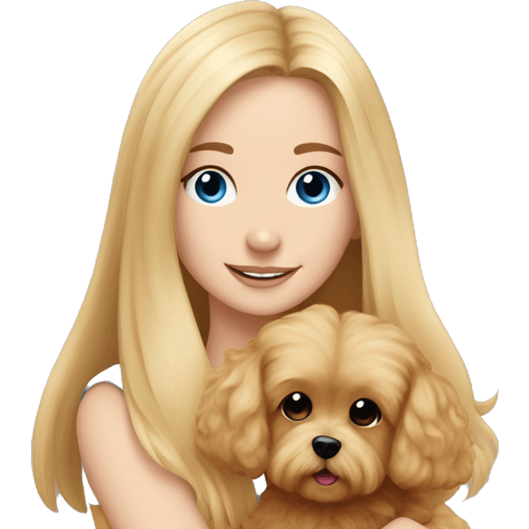 Blonde girl with very long straight hair and blue eyes is hugging a small caramel maltipoo emoji