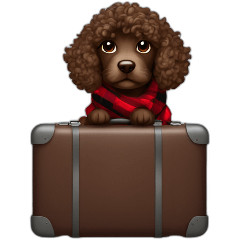 Chocolate colored doodle with wavy hair wearing a red and black flannel handkerchief with a carryon suitcase emoji